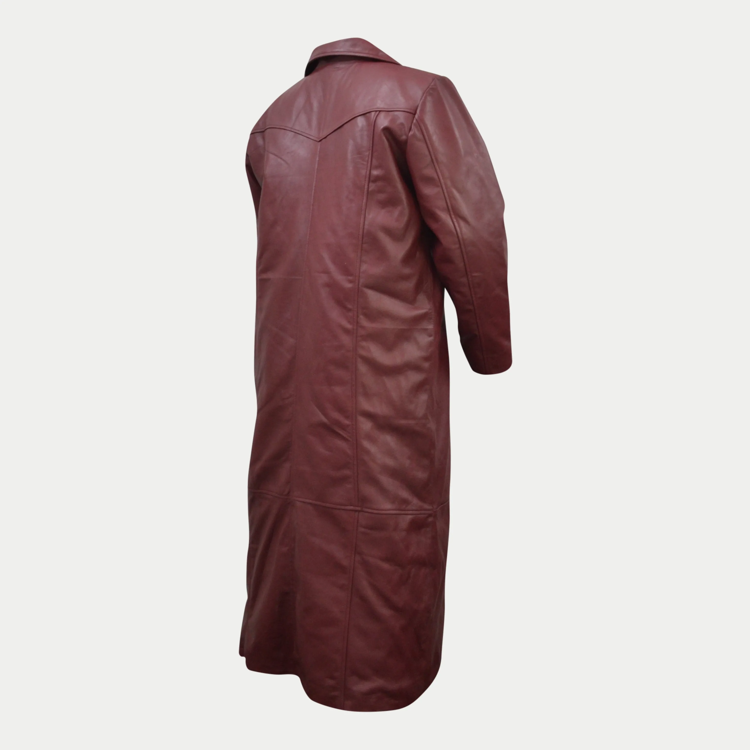 Men's Maroon Long Genuine Leather Casual Trench Coat