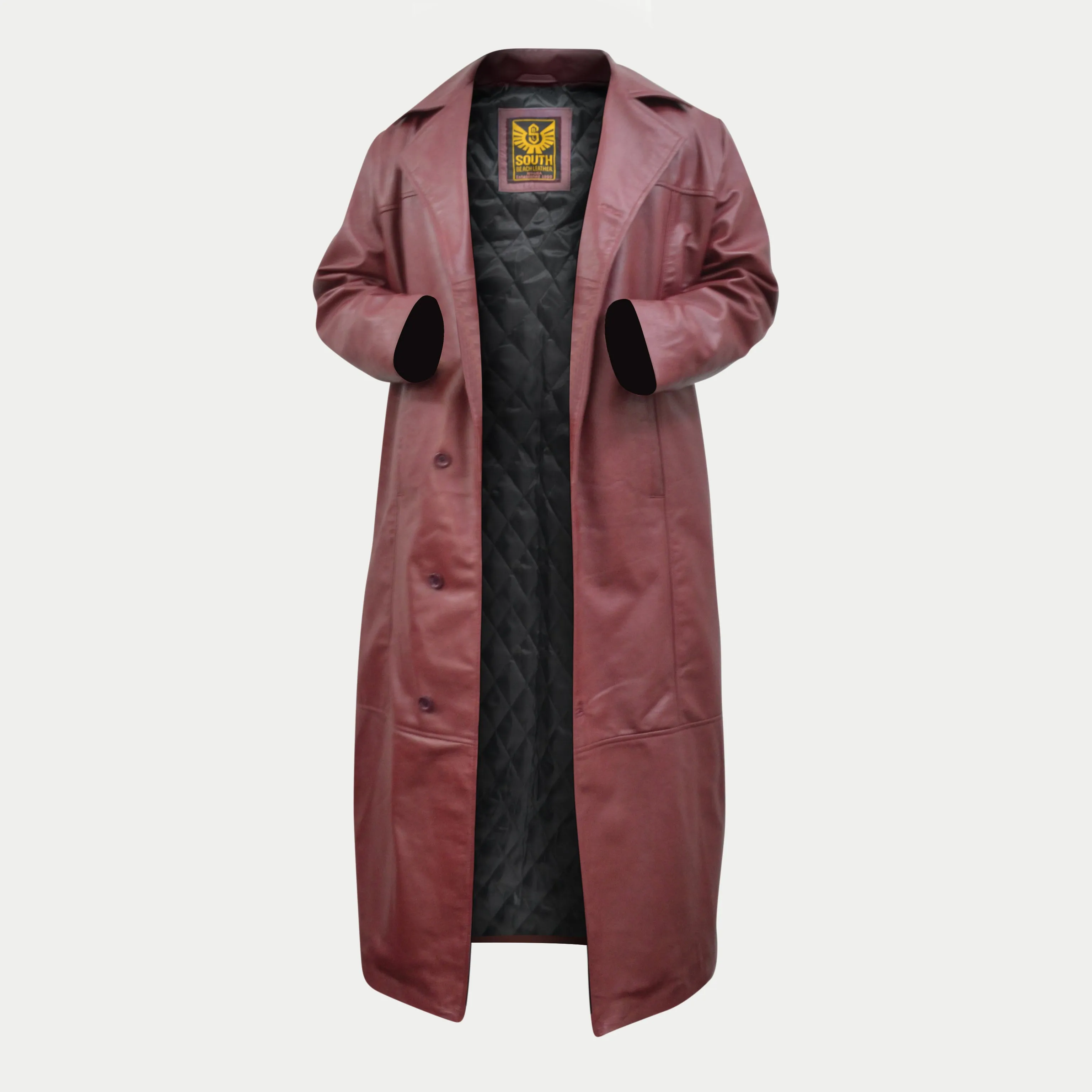 Men's Maroon Long Genuine Leather Casual Trench Coat