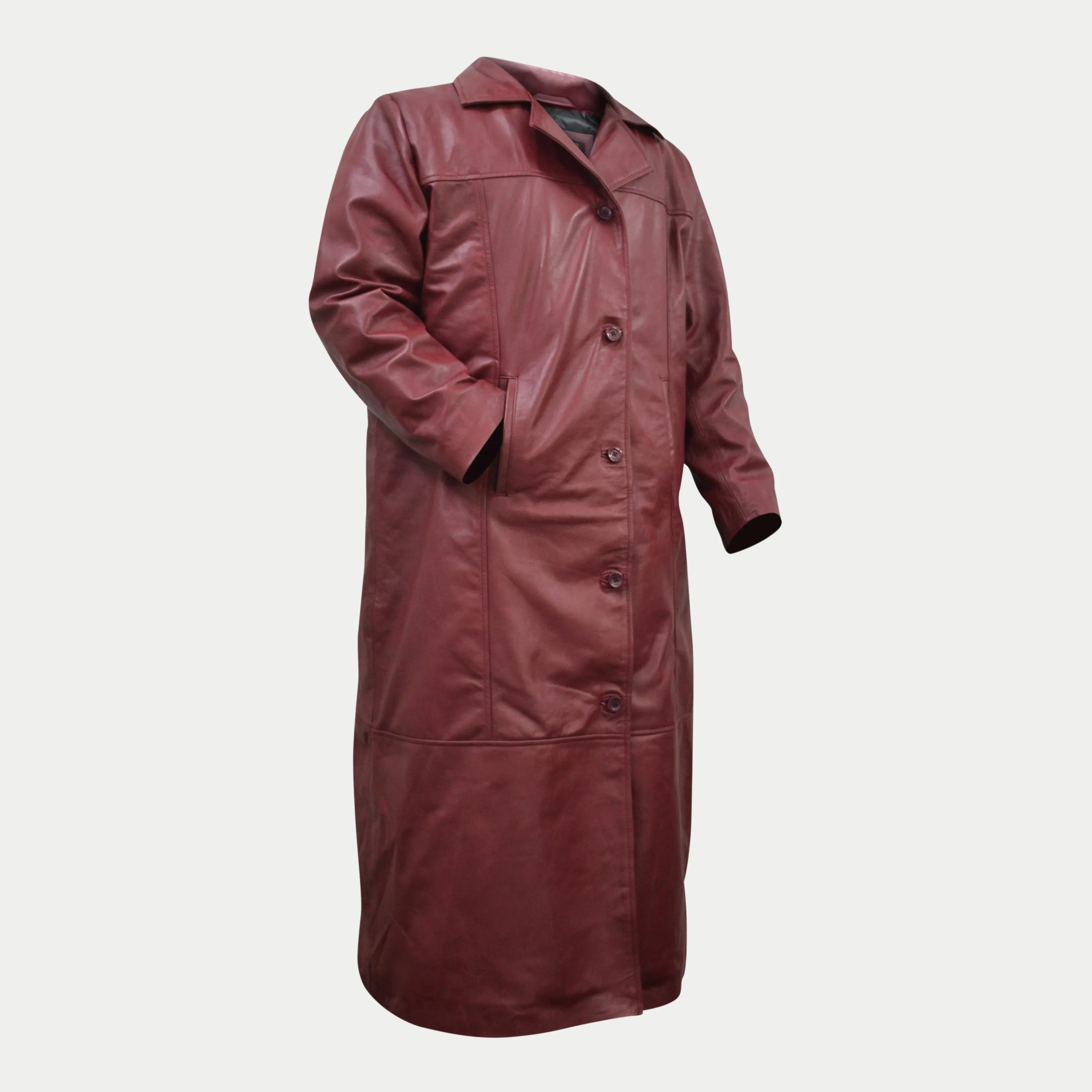 Men's Maroon Long Genuine Leather Casual Trench Coat