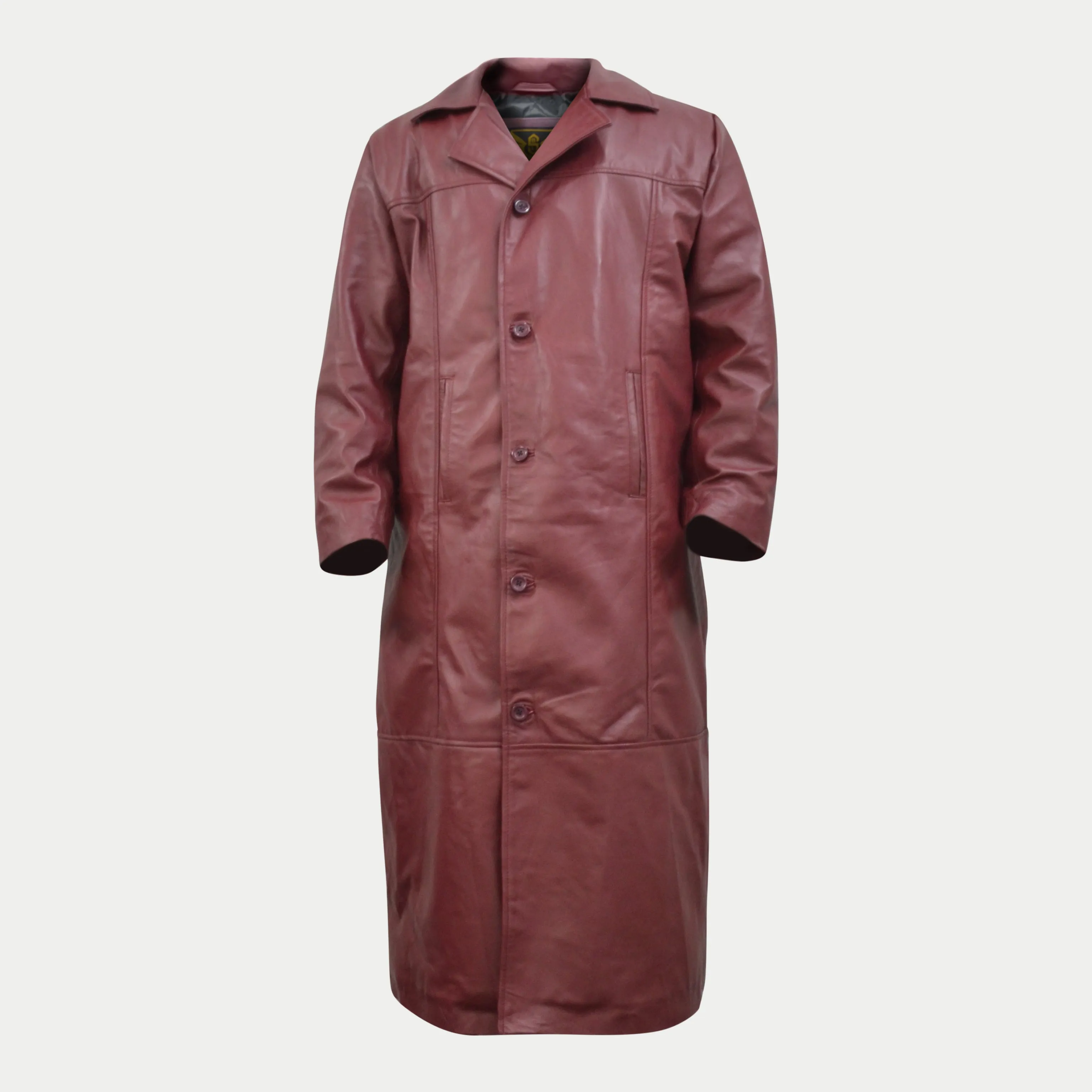 Men's Maroon Long Genuine Leather Casual Trench Coat