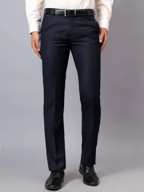 Men's Navy Blue Solid Non-Pleated Formal Trouser