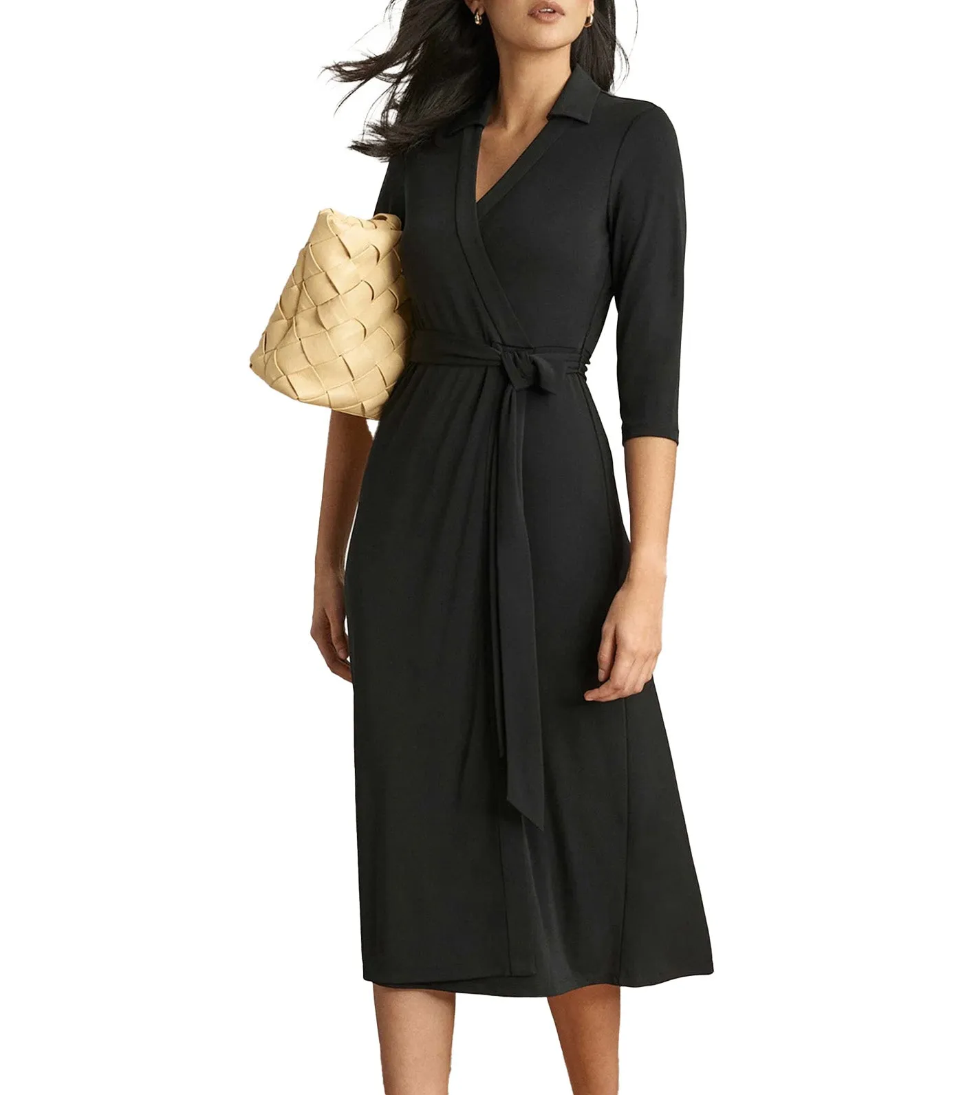 Midi Length Collared Wrap Dress Black