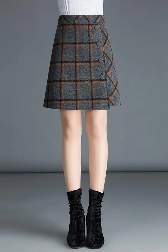 Midi plaid wool skirt for women's autumn and winter in cusual style S034