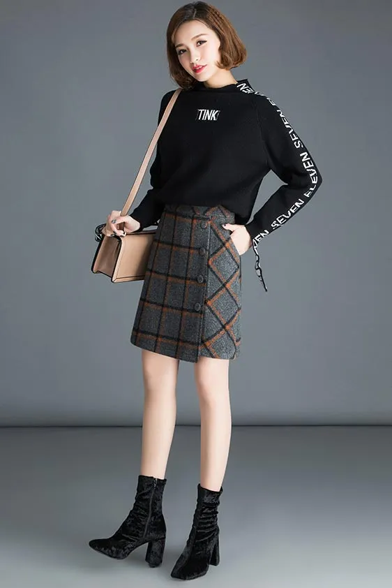 Midi plaid wool skirt for women's autumn and winter in cusual style S034