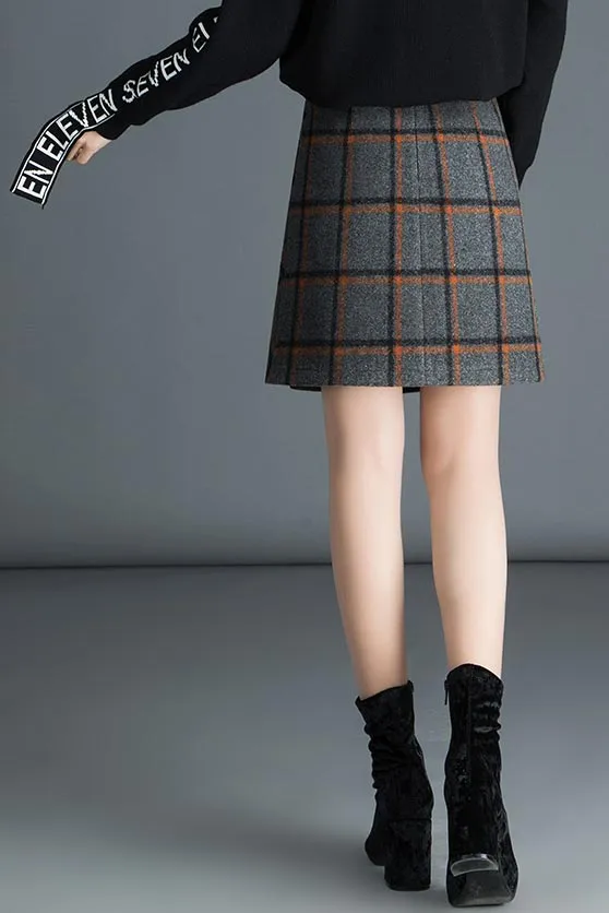 Midi plaid wool skirt for women's autumn and winter in cusual style S034