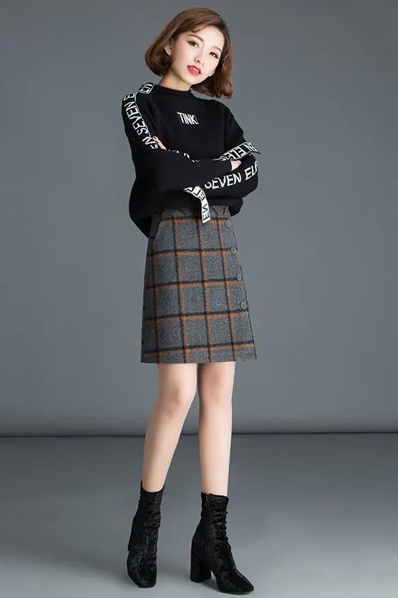 Midi plaid wool skirt for women's autumn and winter in cusual style S034