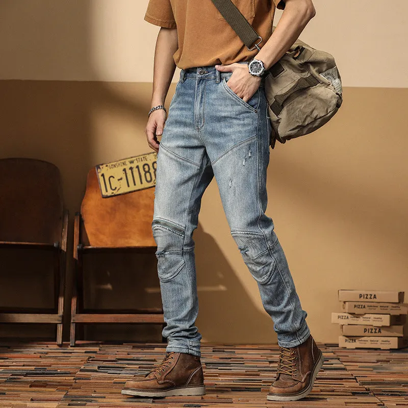 Motorcycle Jeans Korean Style Slim-fitting Ankle-tied High-end Men's Casual All-matching Stretch Pants