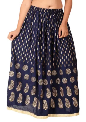 Navy Blue Ethnic Print Maxi Skirt