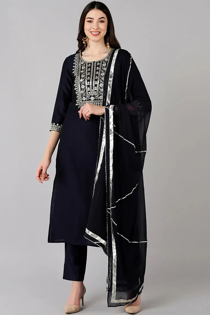 Navy Blue Polyester Straight Kurta Pant With Dupatta