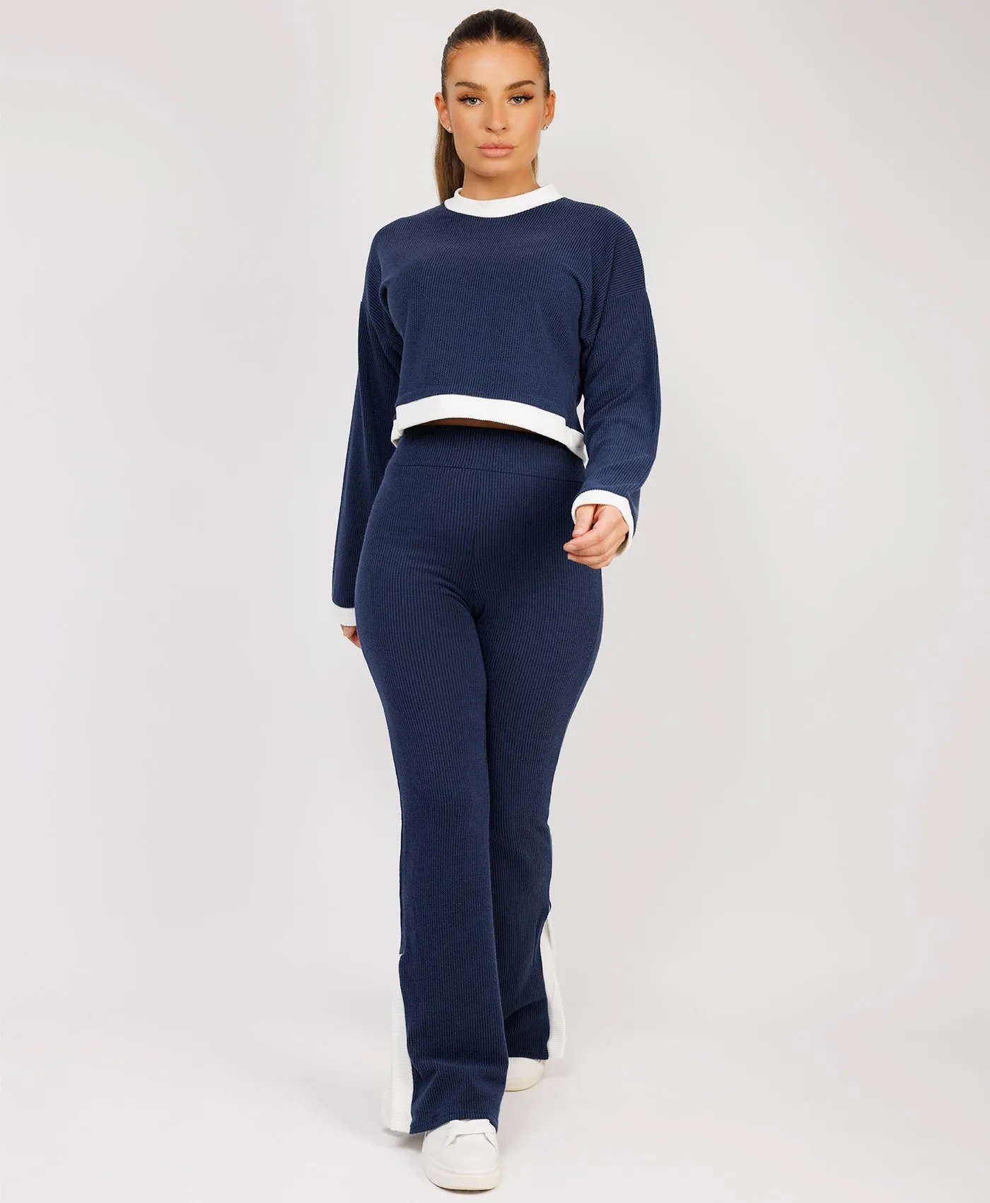 Navy Contrast Stripe Jumper & Split Detail Trousers Loungewear Set