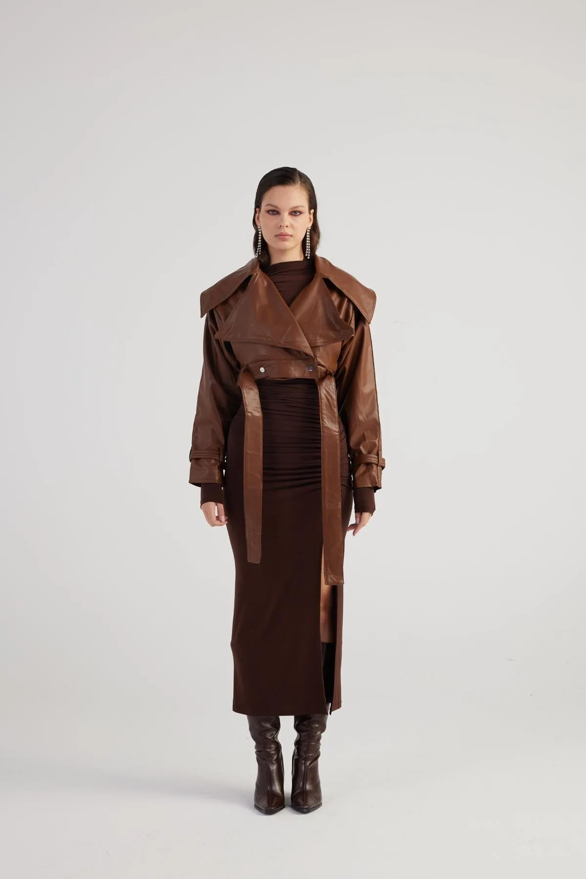 Neeko Chocolate Faux Leather Cropped Jacket