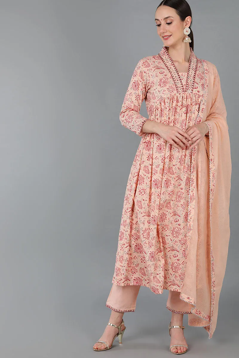 Nude Pure Cotton Floral Anarkali Kurta Trousers With Dupatta