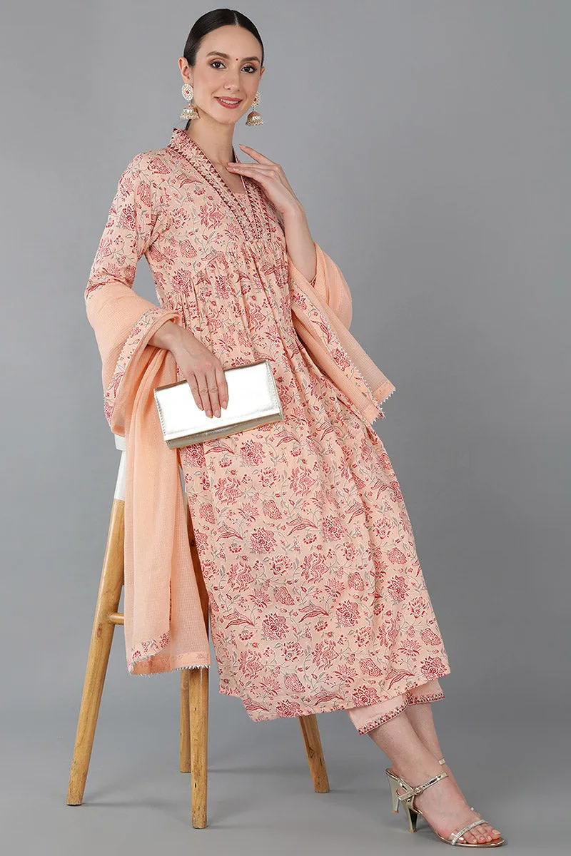 Nude Pure Cotton Floral Anarkali Kurta Trousers With Dupatta