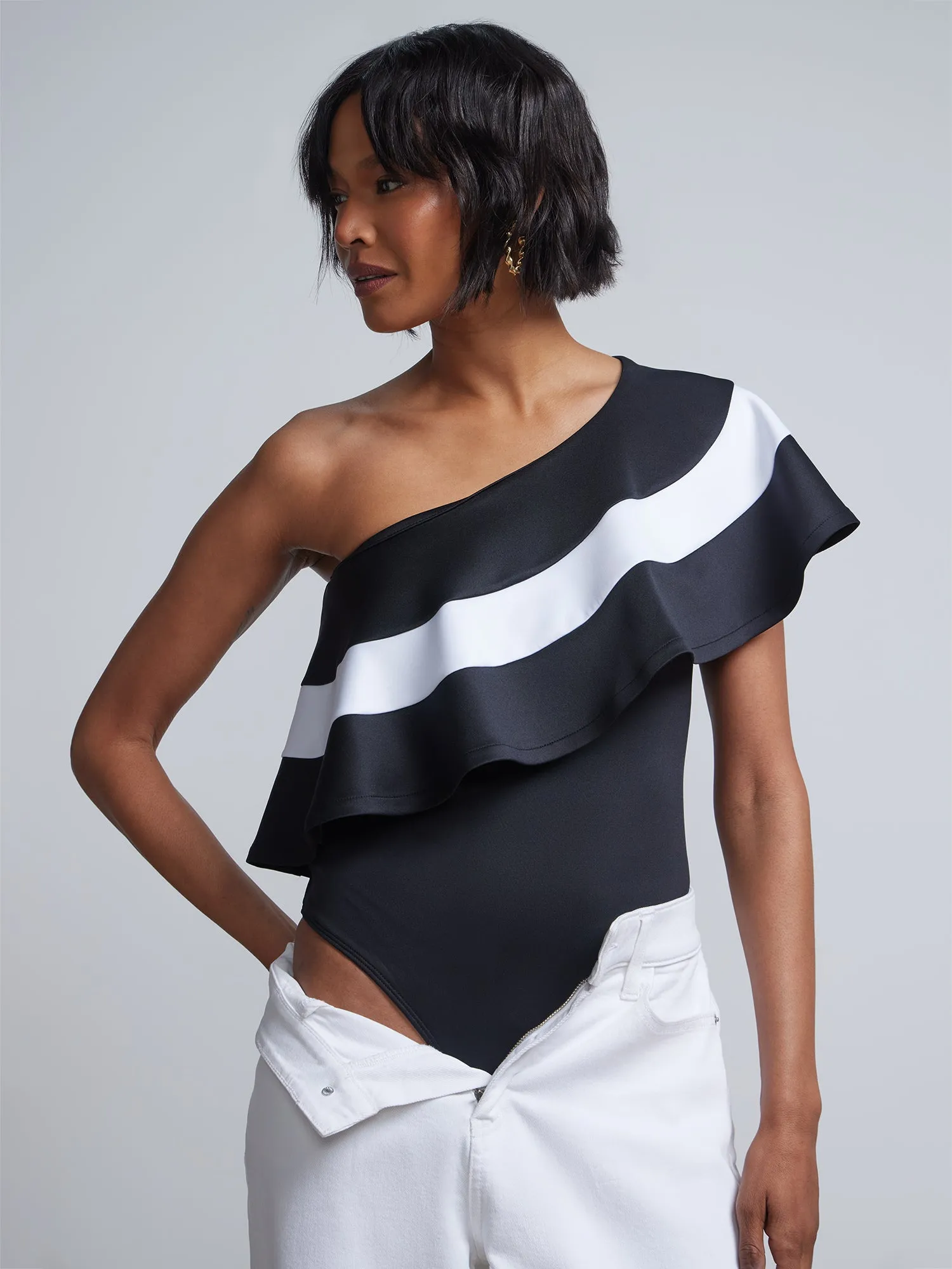 One-Shoulder Piped Ruffle Knit Bodysuit