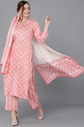 Peach Cotton Blend Straight Suit Set