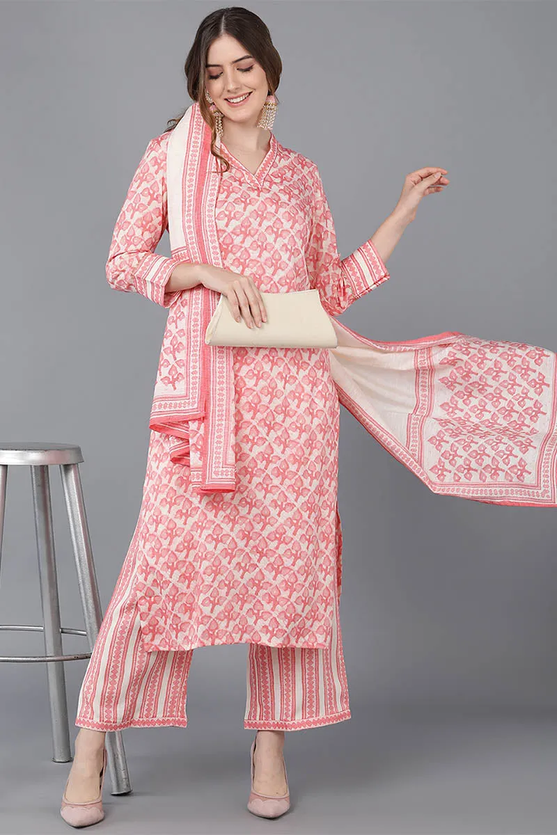 Peach Cotton Blend Straight Suit Set