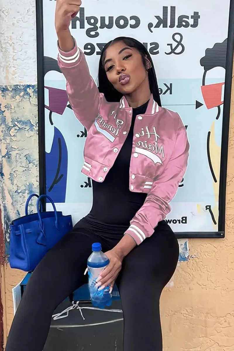 Pink Cropped Varsity Baseball Jacket