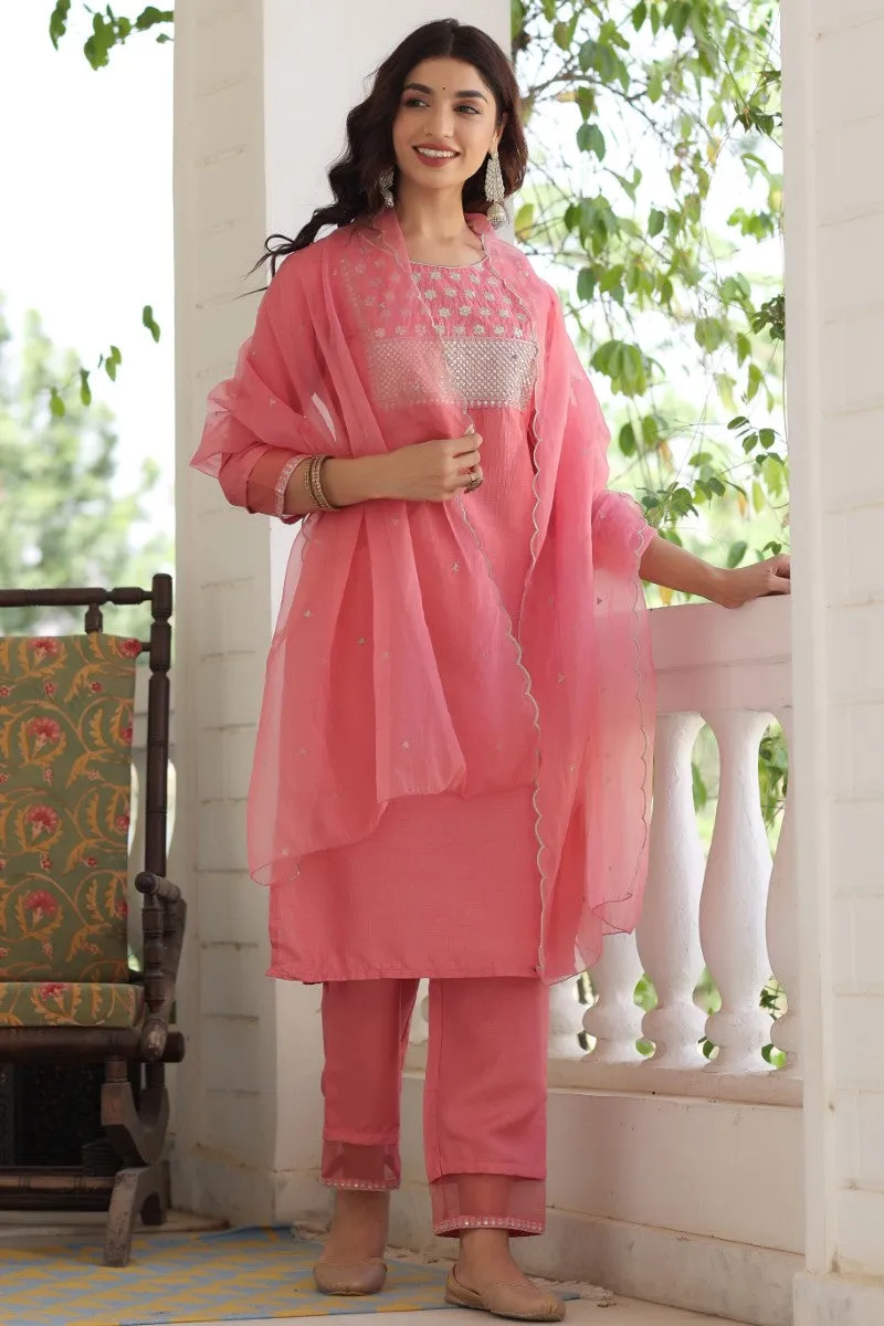 Pink Poly Silk Solid Sequin Straight Suit Set