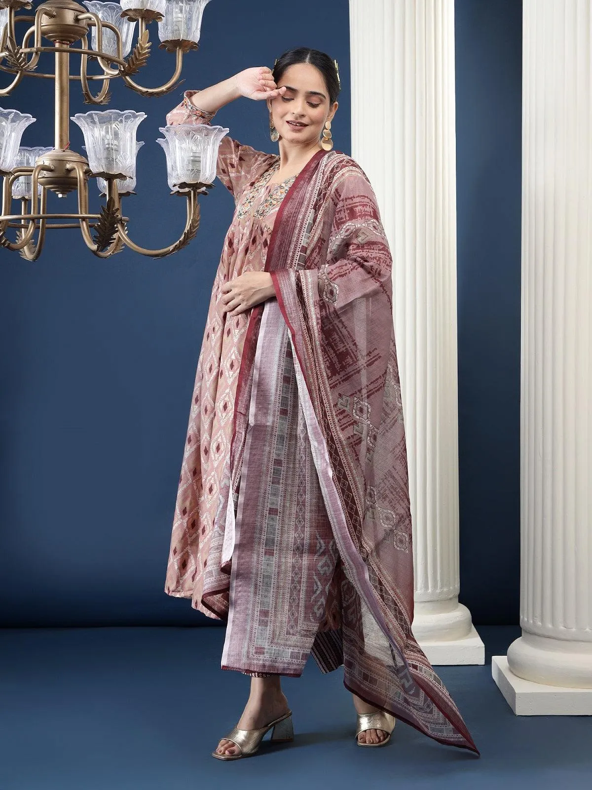 Pink Printed Cotton Blend Geometric Kurta Dupatta Set