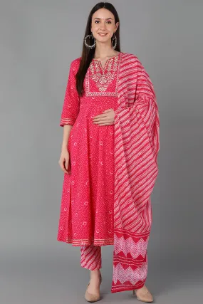 Pink Pure Cotton Anarkali Yoke Design Kurta Pant With Dupatta