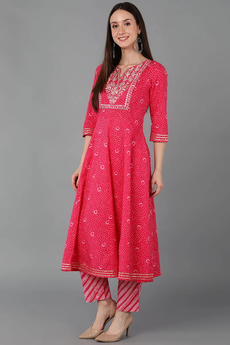 Pink Pure Cotton Anarkali Yoke Design Kurta Pant With Dupatta