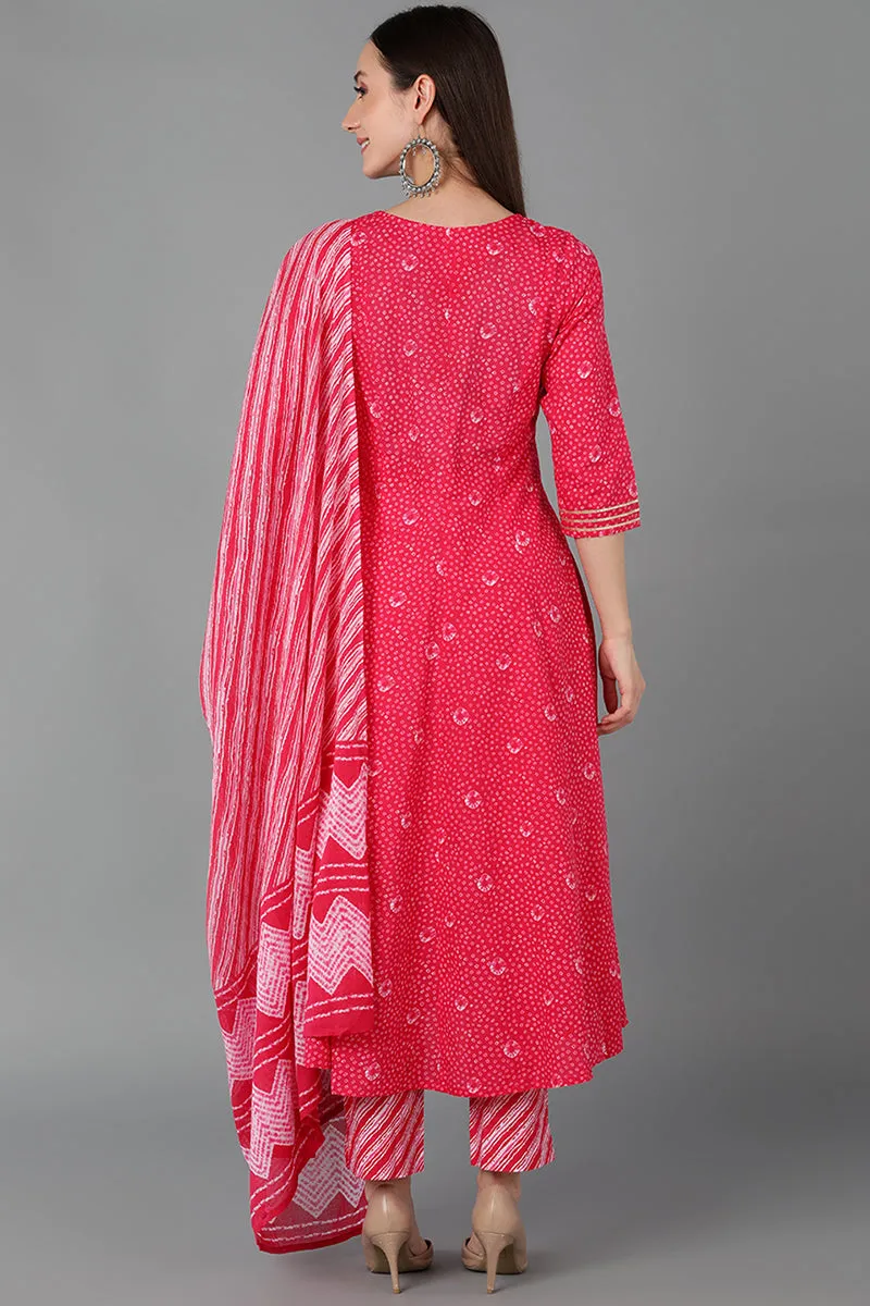 Pink Pure Cotton Anarkali Yoke Design Kurta Pant With Dupatta