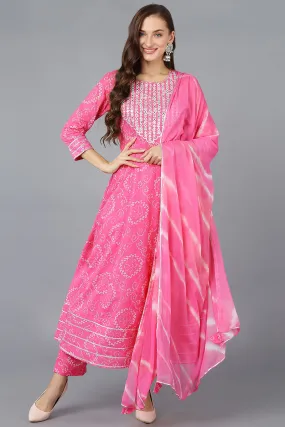 Pink Pure Cotton Bandhani Anarkali Kurta Trousers With Dupatta