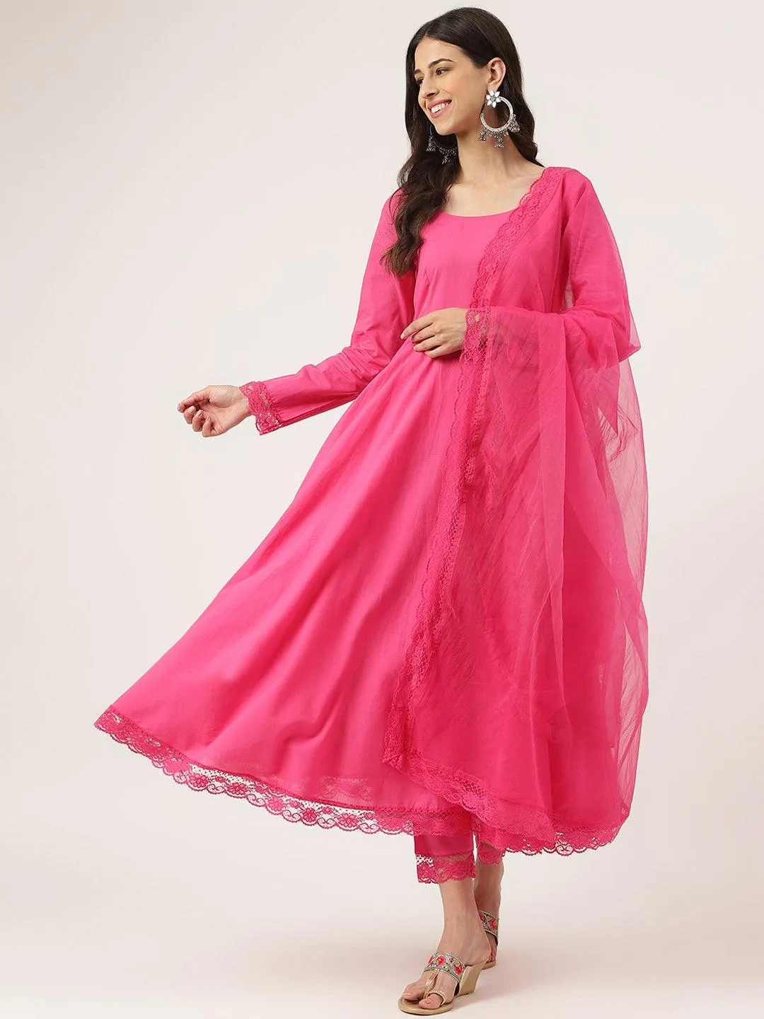 Pink Solid Anarkali Kurta Pant Set With Dupatta