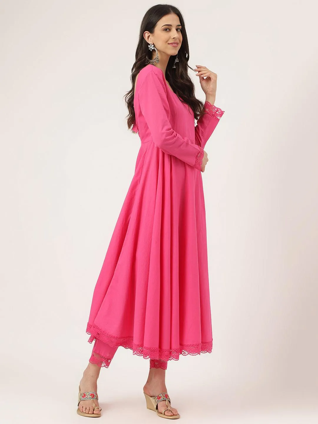 Pink Solid Anarkali Kurta Pant Set With Dupatta