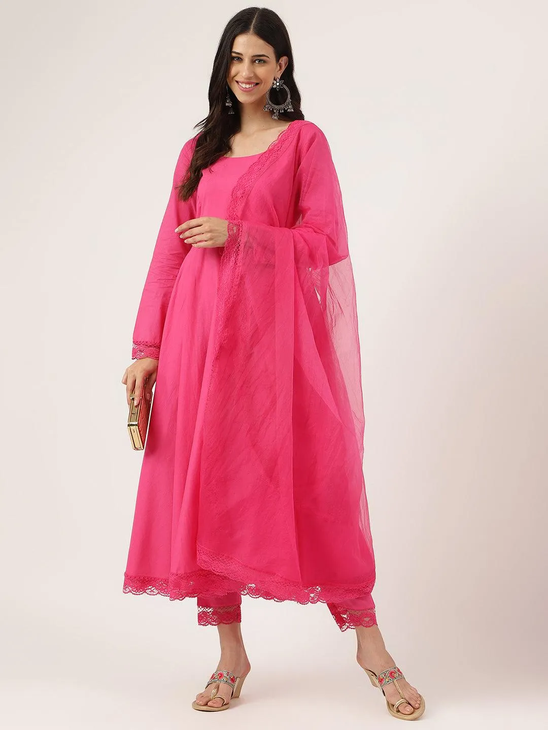 Pink Solid Anarkali Kurta Pant Set With Dupatta