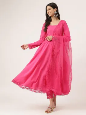 Pink Solid Anarkali Kurta Pant Set With Dupatta