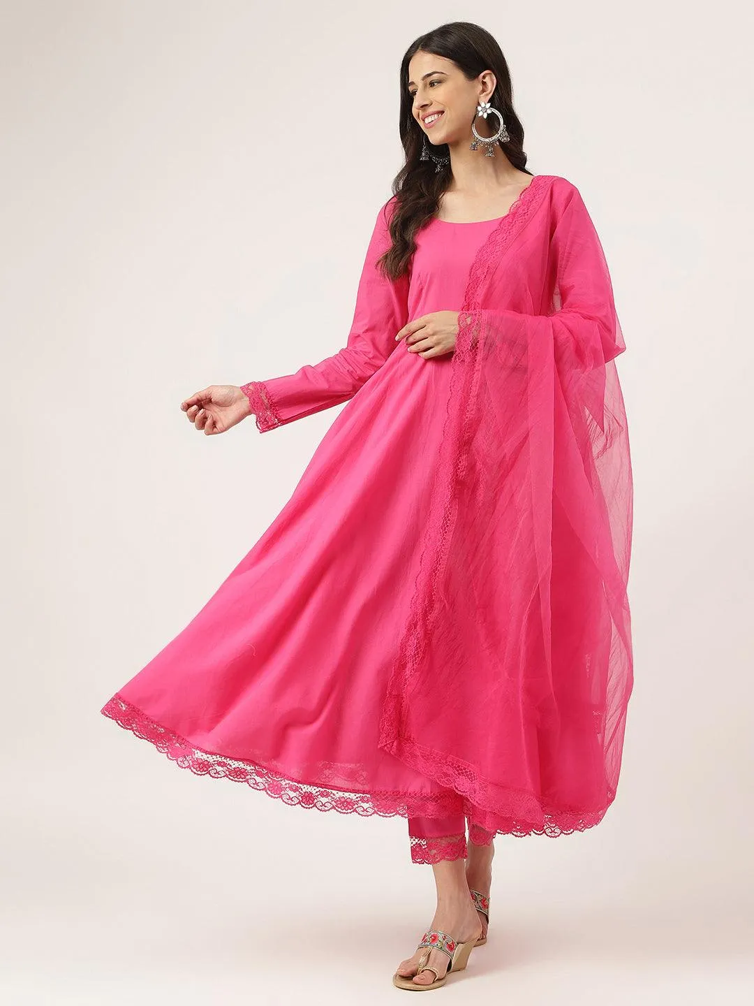 Pink Solid Anarkali Kurta Pant Set With Dupatta