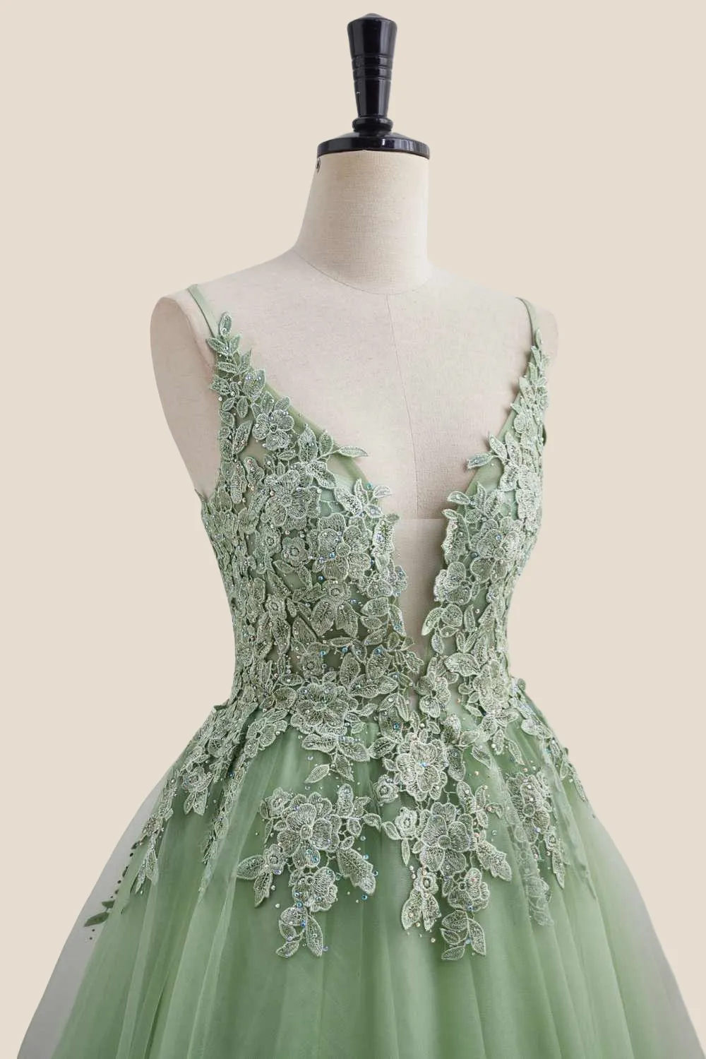 Plunge Neck Sage Green Appliques Short Dress