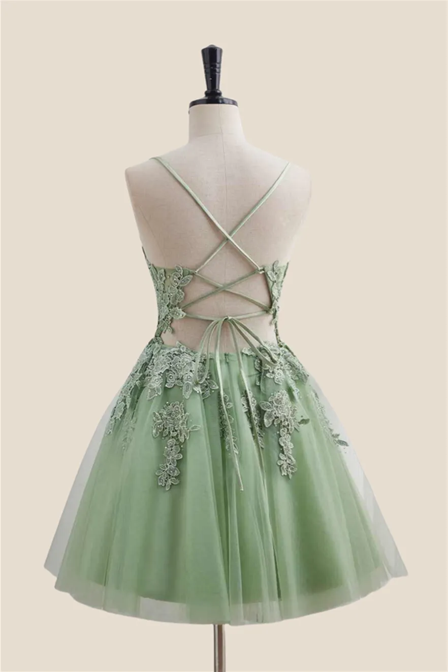 Plunge Neck Sage Green Appliques Short Dress