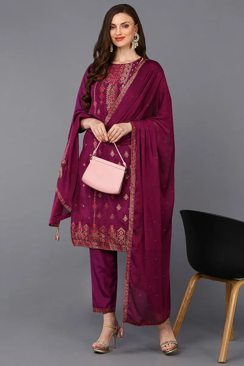 Poly Silk Maroon Embroidered Straight Suit Set