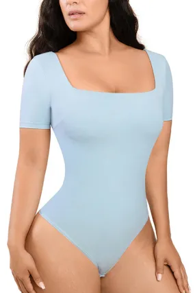 Powder Blue Square-Neck Short-Sleeve Tummy Control Shapewear Bodysuit