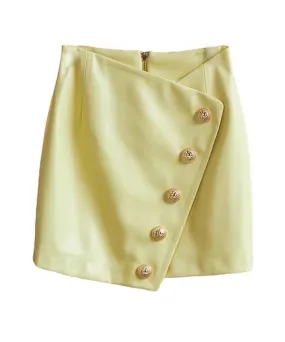 PU Leather Gold Button Mini Skirt In Yellow