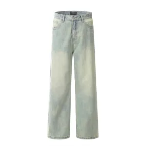 Punk Distressed Yellow Mud Dyed Straight Jeans Men