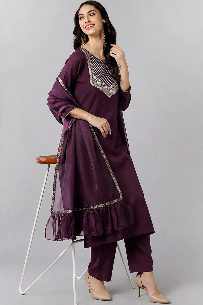 Purple Cotton Blend Solid Straight Suit Set