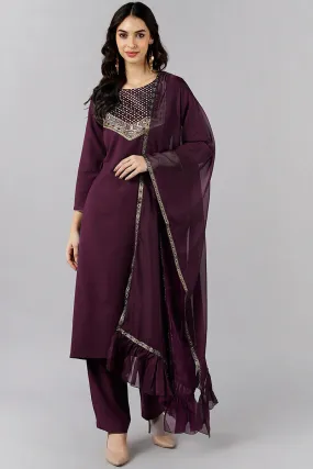 Purple Cotton Blend Solid Straight Suit Set