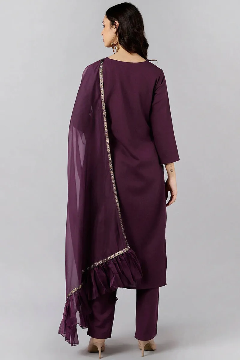 Purple Cotton Blend Solid Straight Suit Set