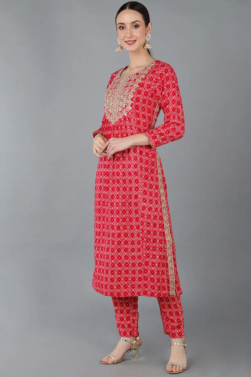 Red Viscose Rayon Ethnic Motifs Straight Kurta Trousers With Dupatta