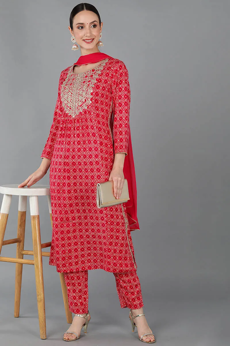 Red Viscose Rayon Ethnic Motifs Straight Kurta Trousers With Dupatta