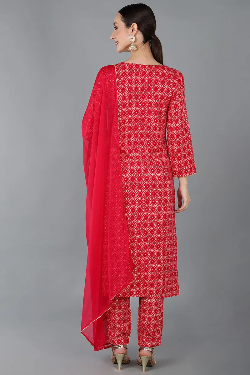 Red Viscose Rayon Ethnic Motifs Straight Kurta Trousers With Dupatta