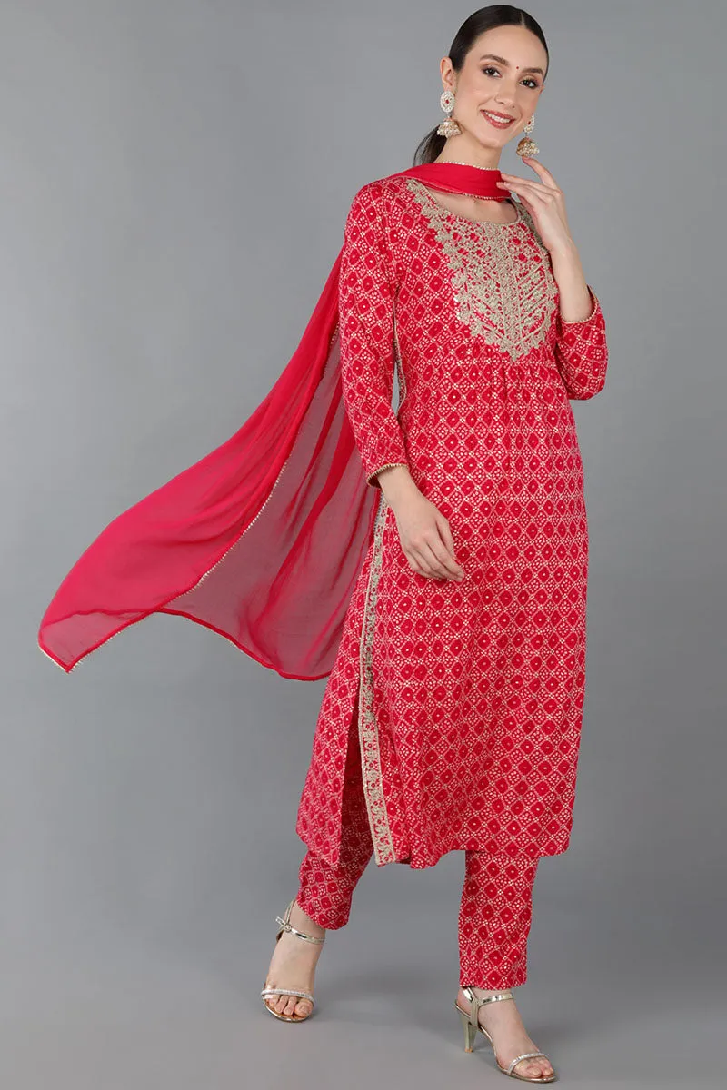 Red Viscose Rayon Ethnic Motifs Straight Kurta Trousers With Dupatta