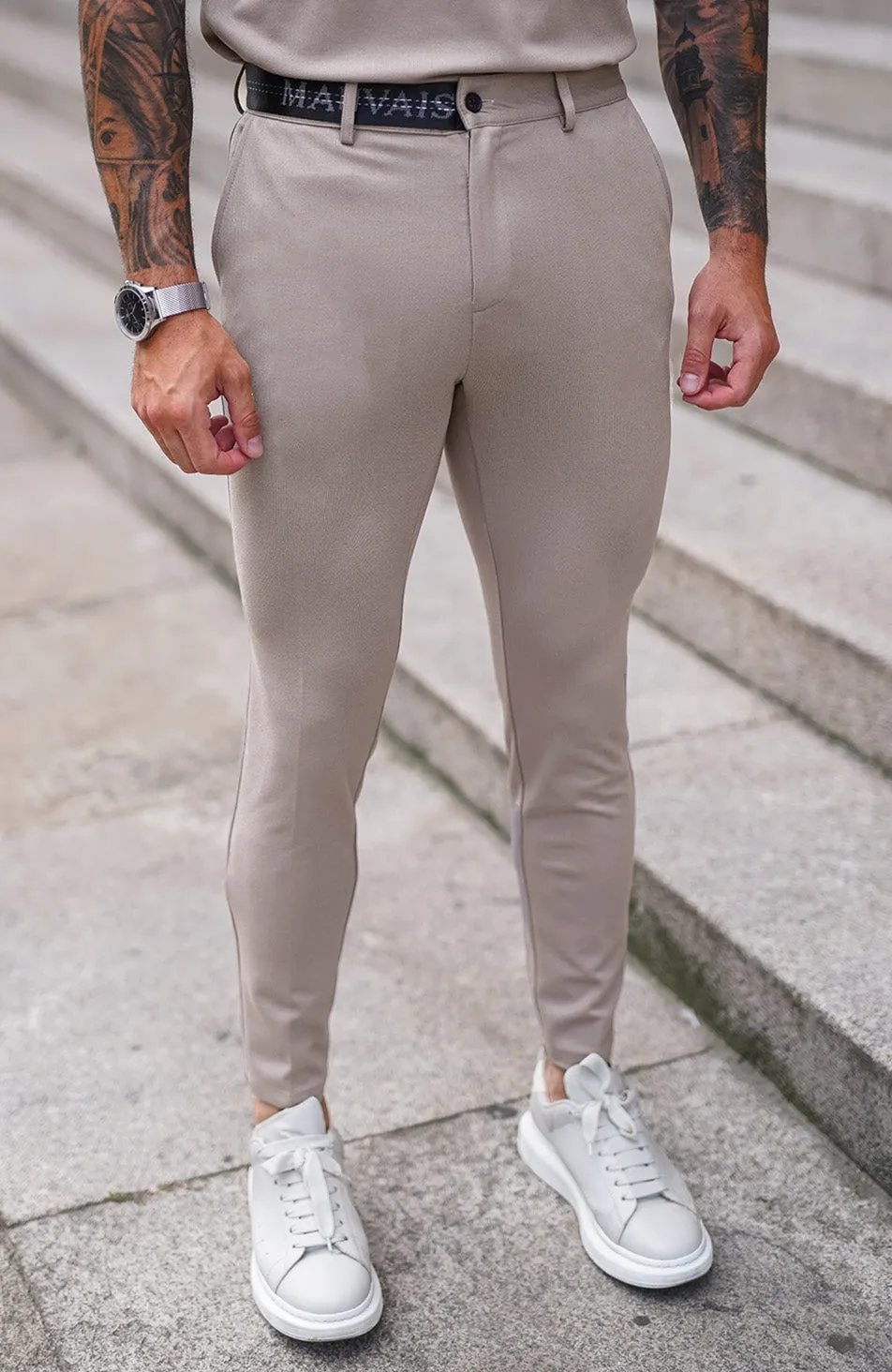 Renato Premium Half Belt Pants in Beige