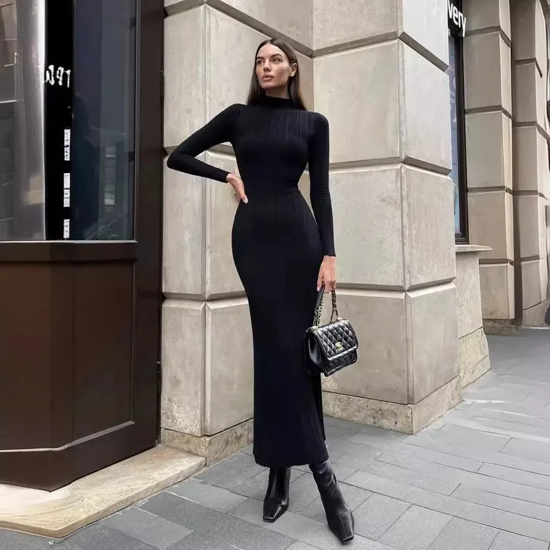 Ribbed Mock Neck Long Sleeve Bodycon Maxi Dress