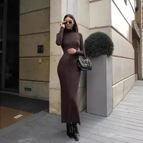 Ribbed Mock Neck Long Sleeve Bodycon Maxi Dress