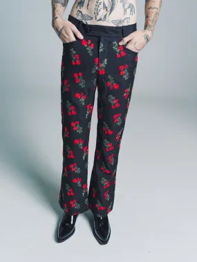 Rose Embroidered Wool Flare Trousers