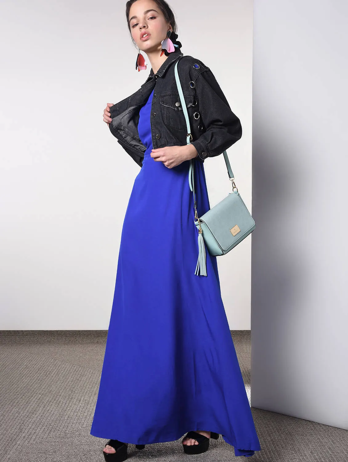 Round neck electric blue maxi dress